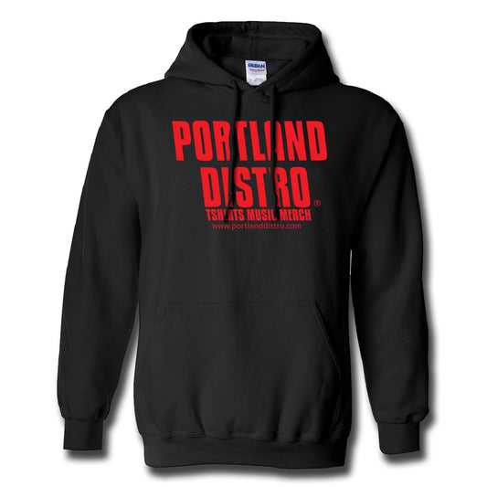 Portland Distro - Red on Black Logo Hoodie - PORTLAND DISTRO